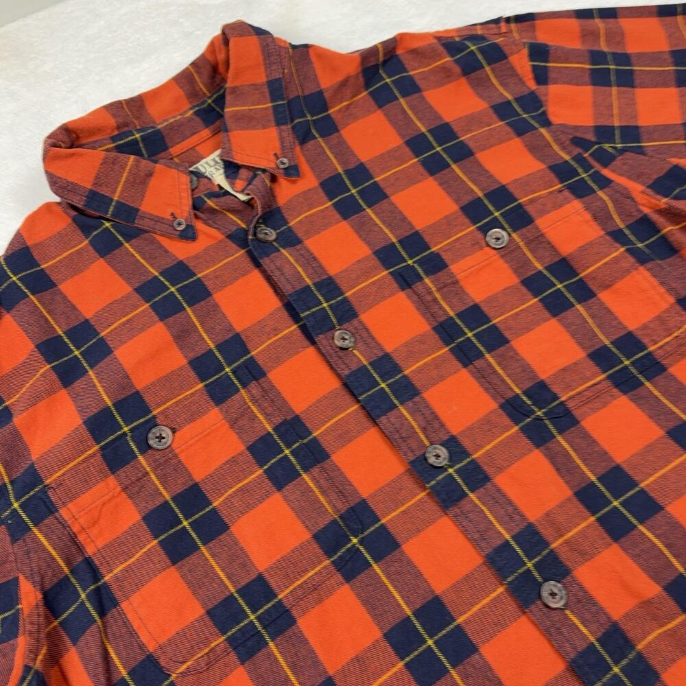 Duluth Trading Co Button Up Shirt Men L Orange Plaid Flannel Long Sleeve Pocket